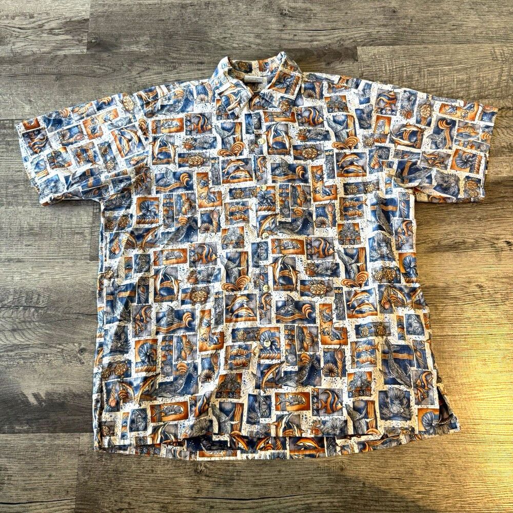 Vintage Go Barefoot Hawaiian Aloha Shirt Large Marine Life Ocean Fish Made In US